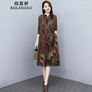 佰藍嬌 兩件套套裝裙2022春裝新款春季時尚氣質(zhì)女裝套裝春秋遮肚子顯瘦女士長袖棉麻連衣裙中長款裙子 土豪金色 L