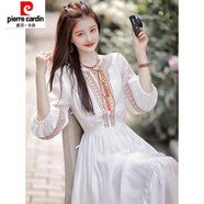 皮爾卡丹波西米亞民族風(fēng)連衣裙女超仙氣飄飄收腰長(zhǎng)裙旅游拍照通勤飄逸裙子 白色 S