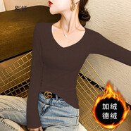別語(yǔ) 德絨打底衫女秋冬黑色內搭長(cháng)袖緊身低領(lǐng)洋氣加絨上衣 咖啡色-V【加絨】 XXL (125-140斤)