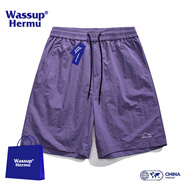WASSUP HERMU冰絲短褲男夏季薄款速干戶外梭織沙灘運(yùn)動(dòng)港風(fēng)休閑潮流直筒五分褲 紫色 2XL （推薦126-144斤）