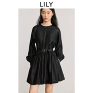 LILY氣球裙2025春法式垂感氣質(zhì)插肩燈籠袖腰帶長袖蓬蓬裙連衣裙女 510黑 S