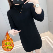 全鶯月半高領(lǐng)毛衣女中長(cháng)款加絨加厚秋冬新款韓版針織衫包臀打底衫 【加厚一體絨】經(jīng)典黑- S 建議85-100斤