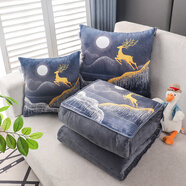 詠幻冬季加厚加絨抱枕被子兩用珊瑚絨汽車(chē)午休被空調被辦公室靠 鹿越山河-加絨加厚 50cm*50cm 展開(kāi)150*19cm