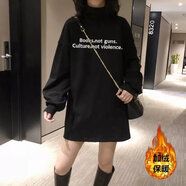 高領(lǐng)打底衫女秋冬加絨加厚白色內搭中長(cháng)款寬松大版長(cháng)袖T恤上衣潮 黑色 L