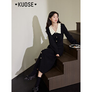 闊色（kuose）黑色小香風(fēng)針織長袖連衣裙女秋冬季穿搭新款毛衣裙長裙子 黑色8003 L