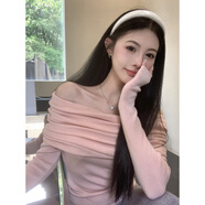 索菲堡露肩長(zhǎng)袖打底衫上衣秋裝女粉色溫柔風(fēng)短款緊身內(nèi)搭一字領(lǐng)針織毛衣 粉紅色 均碼