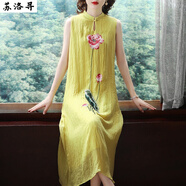 蘇洛尋中國(guó)風(fēng)氣質(zhì)刺繡高貴闊太太旗袍式無(wú)袖雪紡連衣裙2025夏新款 黃色 M 80-95