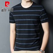 皮爾卡丹（pierre cardin）夏季薄款純棉男士短袖T恤潮流刺繡撞色橫條紋寬松圓領(lǐng)休閑半截袖 藍色 XL 180