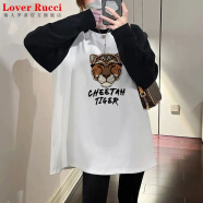 LOVER RUCCI欧货大版宽松加绒加厚长袖T恤女中长款遮屁股时尚减龄打底衫包臀 眼豹-黑色常规纯棉】 M