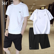 361°運動(dòng)套裝男裝夏季短袖短褲足球隊服t恤跑步服健身服兩件套籃球服 4002-4本白/基礎黑(有口袋) S