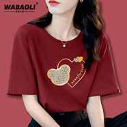 WABAOLI高端品牌 夏季寬松t恤女裝2025流行新款小熊愛心印花體恤上衣百搭 磚紅色 L （建議身高110-120斤）