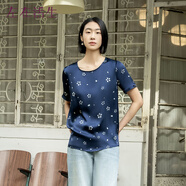 生活在左【林棲作品】桑蠶絲混紡T恤傳統印花復古氣質(zhì)夏秋新款短袖上衣女 藍櫻 M