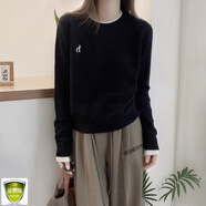 品哥弟新【專柜大碼】秋冬休閑簡約打底毛衣女字母刺繡拼色圓領顯瘦針織衫 黑色 L 100-120斤