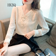 HKBQ輕奢實(shí)拍秋冬新款加絨V領(lǐng)雪紡襯衫氣質(zhì)上衣打底衫蕾絲女小衫 杏色常規 L