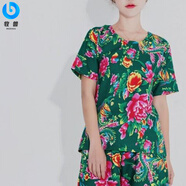 牧獸東北大花布褲子男女個(gè)性搞笑伴娘伴郎服裝快手抖音花衣服2024 綠色短袖 170尺碼【130斤-150斤】