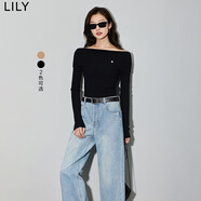 LILY春新款女裝氣質(zhì)時(shí)尚純色通勤豎坑條紋長(cháng)袖毛針織衫打底衫 510黑 M