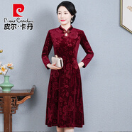 皮爾卡丹金絲絨過膝高貴洋氣旗袍連衣裙中年媽媽裝2025新款春秋長袖婦女 酒紅 2XL 建議105-120斤