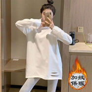 愷吉銳白色打底衫女內搭秋冬季體恤長(cháng)袖T恤中長(cháng)款上衣ins潮 白色 【純白加絨】 L 【建議101-112斤】