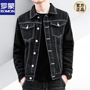 羅蒙ROMON品牌高端男士春秋冬季牛仔外套休閑百搭工裝夾克新款黑色加絨加厚牛仔衣冬裝新品 黑色白線款 XL