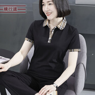 橫行道翻領(lǐng)格子短袖拼接格2026新款夏裝寬松純色娃娃領(lǐng)外穿短袖T恤 黑色 4XL