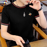 啄木鳥(niǎo) 短袖男士T恤ins潮流冰絲半袖新款夏季帥氣男裝衣服針織衫體 1809-黑色 L