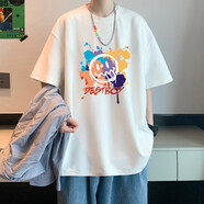 大魚(yú)界線日系潮牌短袖T恤男潮流ins情侶裝夏裝寬松上衣服男生印花圓領(lǐng)體恤 白色(笑臉涂鴉) XL(130-145斤）