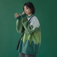 賢語(yǔ)2021新款ins秋冬套頭毛衣女寬松外穿學(xué)生森系原宿慵懶風(fēng)圓領(lǐng)上衣 拼色毛衣綠色 L (收藏優(yōu)先發(fā)貨)
