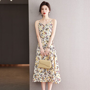 歌米拉（Gemila）印花雪紡吊帶連衣裙女夏季溫柔風(fēng)高腰內(nèi)搭v領(lǐng)無袖背心碎花長裙子 黃色 XL