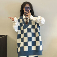 學(xué)院風(fēng)毛衣馬甲兩件套裝女學(xué)生秋季V領(lǐng)慵懶撞色格子背心針織衫潮 【藍(lán)棋盤(pán)格套裝】襯衫領(lǐng)帶+馬甲 L