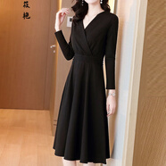 復(fù)古連衣裙女小個(gè)子溫柔風(fēng)打底秋冬新款長袖V領(lǐng)純色連衣裙女氣質(zhì)減齡中長款收腰顯瘦A字裙子 黑色 XL 【建議115-125斤穿】