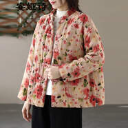 安婭詩國(guó)風(fēng)印花棉衣外套女冬季新款寬松加厚保暖復(fù)古盤扣立領(lǐng)夾棉棉襖 紅花 均碼 (90)