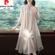 皮爾卡丹（pierre cardin）改良真絲旗袍女夏季新款時尚洋氣漢服長裙中國風復古桑蠶絲連衣裙 杏色 套裝 3XL建議145-160斤