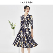 娜爾思（NAERSI）撞色柔彈V領(lǐng)時(shí)尚印花收腰連衣裙女新款雪紡裙 中群青藍色 M