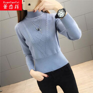 萱戀菲短款針織衫毛衣女半高領(lǐng)高腰修身加絨加厚秋裝學(xué)生小個(gè)子 灰藍 XL 建議120-130斤