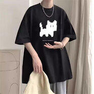 嘉曄2024新款短袖t恤男衣服男款潮牌男士上衣夏季男裝寬松男生T恤衫 T172抖站貓黑色 S【60-70斤】