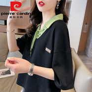 皮爾卡丹（pierre cardin）polo領拼接短袖t恤女夏季2025新款寬松韓版小個子洋氣設計感上衣 9130黑色 XL (適合131-150斤)