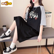 初徑純棉韓版大碼短袖T恤裙女夏季新款插肩寬松長(cháng)款過(guò)膝原宿風(fēng)連衣裙 779-黑色  XL 建議【140-160】斤