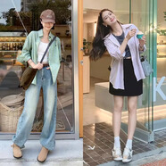 美洋（MEIYANG）蜜桃襯衫全棉寬松休閑條紋愛(ài)心刺繡立翻領(lǐng)長(cháng)袖襯衣寬松百搭襯衫女 粉色 S