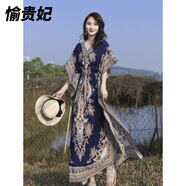 愉貴妃高檔三亞海邊度假沙灘裙異域風(fēng)連衣裙云南大理旅游拍照波西米亞風(fēng) 藍(lán)色 圖片上 L