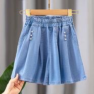 桑紀（SANGJI）女童天絲牛仔短褲夏季薄款中大童寬松女孩夏裝休閑兒童五分裙褲子 白釘珠(天絲裙褲) 140cm