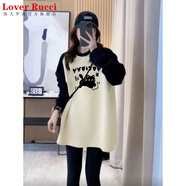 LOVER RUCCI搭配鯊魚(yú)褲的上衣秋季寬松時(shí)尚衛(wèi)衣中長(zhǎng)款長(zhǎng)袖T恤女遮屁股打底衫 蝴蝶貓-杏色【加 絨】 XL