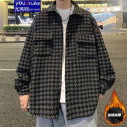 尤芮軻胖子超大碼80-230斤小香風(fēng)千鳥格外套男士設(shè)計感小眾原創(chuàng)設(shè)計秋冬季潮牌高街夾克大碼潮胖子 深灰色加絨 2XL 140~160斤可穿