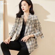 米思陽(yáng)（missshine）2022春季新款氣質(zhì)英倫格子西裝外套顯瘦雙排扣職業(yè)西服0453 灰藍色 XL