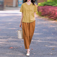 可茵（Keyin）休閑褲女裝套裝2026年夏季新款通勤減齡百搭上衣寬松九分褲子女 黃色套裝 XL