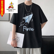 稻草人（MEXICAN）加肥加大300斤純棉短袖T恤男士潮牌大碼寬松胖子半袖港風(fēng)五l分袖 黑色 （折紙飛機） 單件裝 5XL 建議195225斤可穿