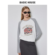 BASIC HOUSE/百家好秋季新款復(fù)古拼色印花插肩袖長袖T恤女 白色 L