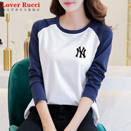 LOVER RUCCI法國(guó)歐貨女裝長(zhǎng)袖百搭寬松插肩袖體恤春秋新款純棉t恤女休閑 白色藍(lán)袖 (常規(guī)款) 黑圖, 右胸】 2XL