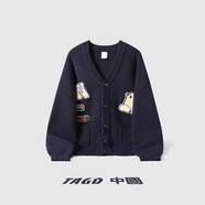 TAGD中國(guó) 慵懶風(fēng)情侶趣味貼布開衫毛衣秋冬季休閑寬松針織衫男女同款 藏青色 M(建議身高165-175)