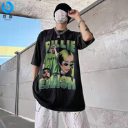 牧獸美式說唱歌手Billie Eilish碧梨做舊印花街頭嘻哈寬松短袖T恤男 黑色 XL