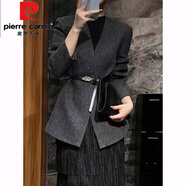 皮爾卡丹（pierre cardin）配腰帶亮片羽絨內(nèi)膽羊毛呢料西裝外套女秋冬新款加厚西服上衣女裝 灰色 羽絨內(nèi)膽 M 適合115斤內(nèi)